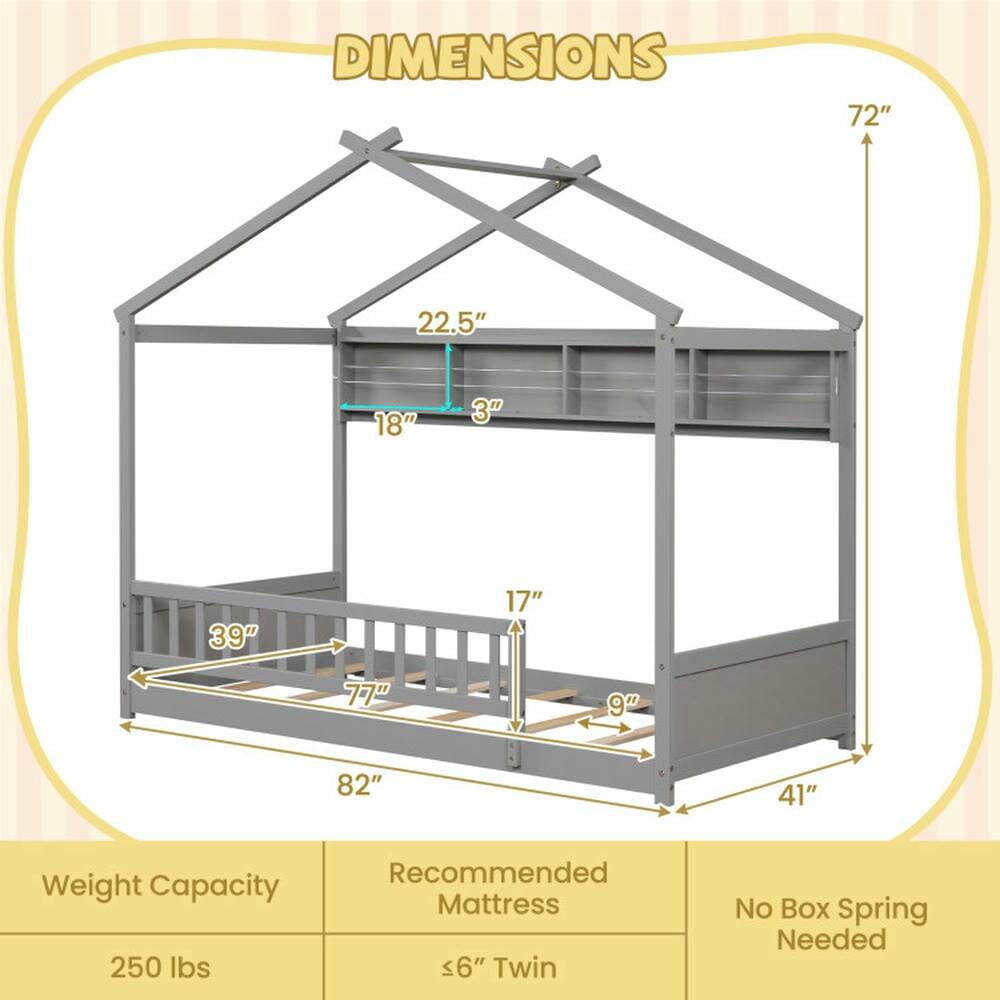 DIMENSIONS  
72" x 22.5" x 18" x 3" x 39" x 17" x 77" x 9" x 82" x 41"  

Weight Capacity: 250 lbs  
Recommended Mattress: ≤6" Twin  
No Box Spring Needed