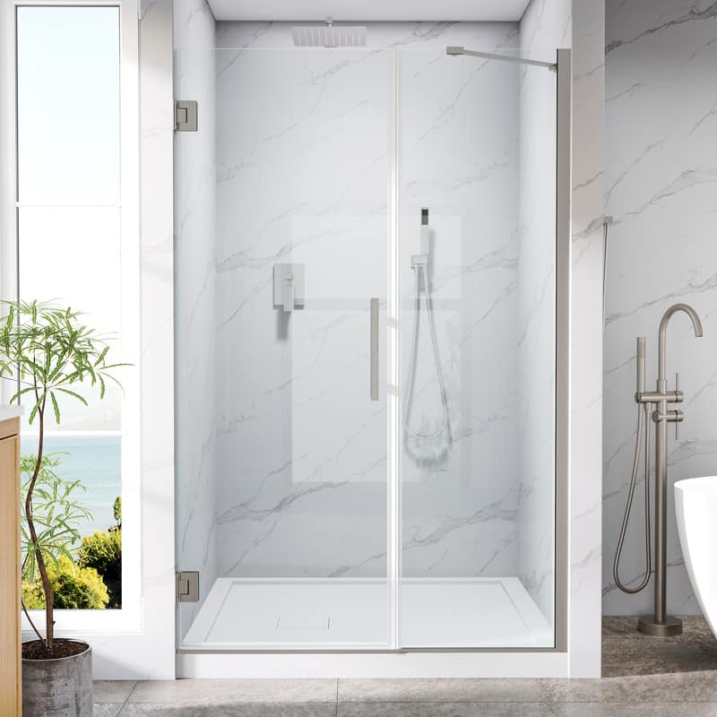WELLFOR - 48–49 in. W x 72 in. H Frameless Hinged Shower Door with 3/8" Clear Tempered Glass, Reversible Opening - Brushed Nickel