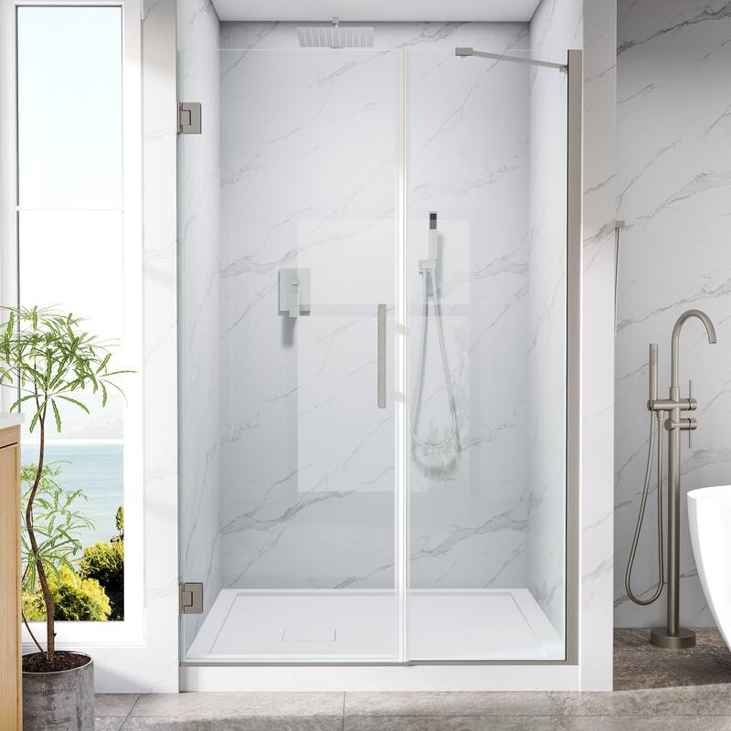 Front. WELLFOR - 48–49 in. W x 72 in. H Frameless Hinged Shower Door with 3/8" Clear Tempered Glass, Reversible Opening - Brushed Nickel.