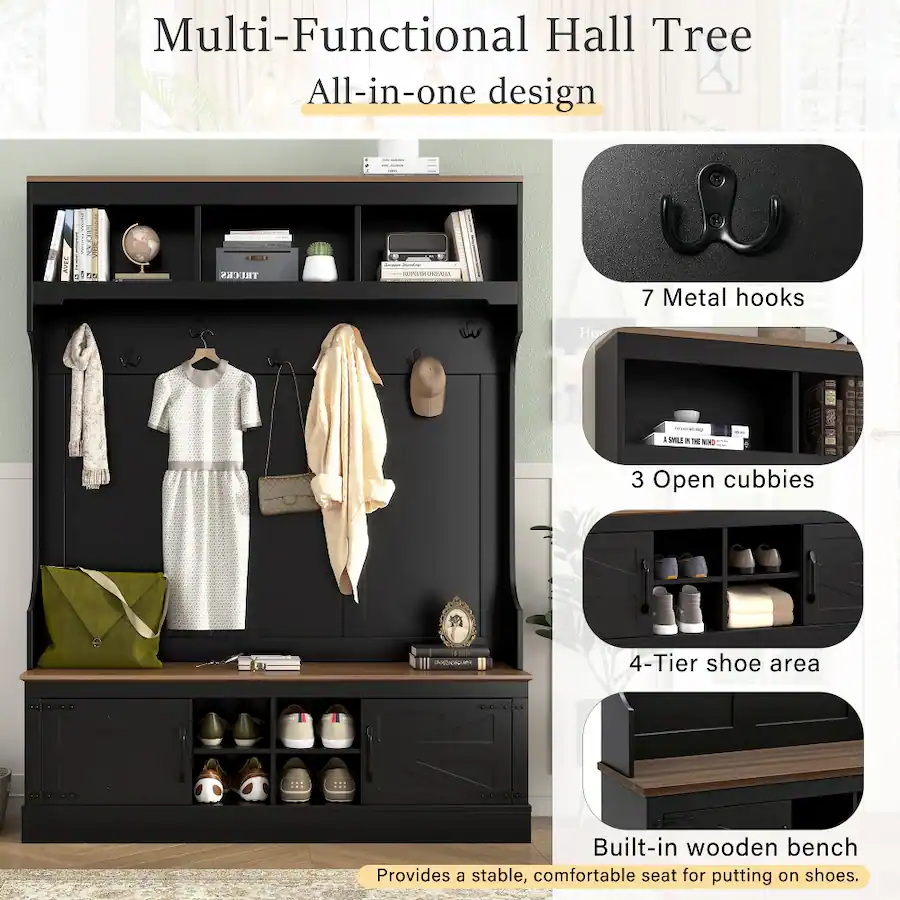 Loheer farmhouse hall tree with bench 5 in 1 entryway organizer shoe ...