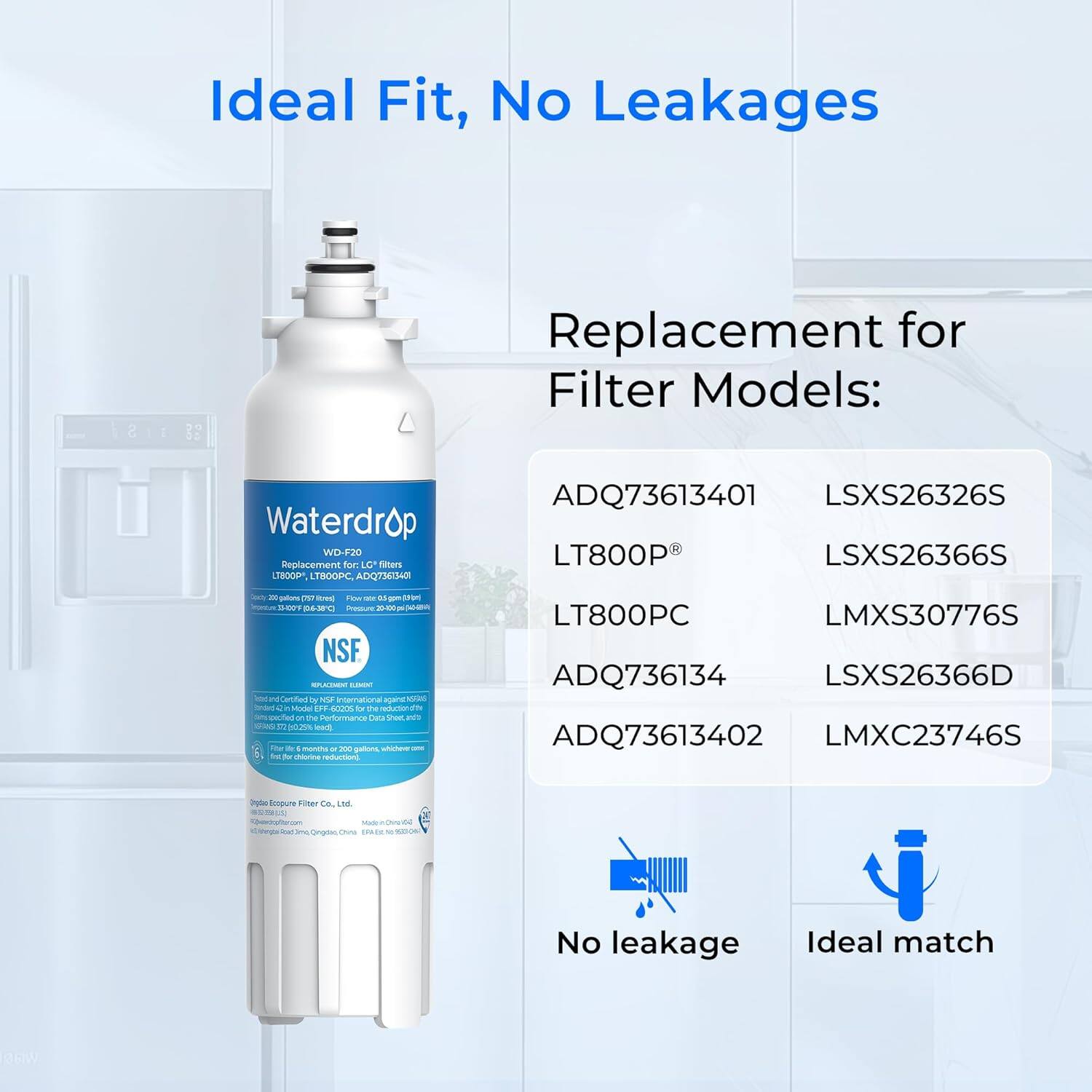 Ideal Fit, No Leakages

Replacement for Filter Models:

- ADQ73613401
- LT800P
- LT800PC
- ADQ736134
- ADQ73613402
- LSXS26326S
- LSXS26366S
- LMXS30776S
- LSXS26366D
- LMXC23746S

No leakage

Ideal match