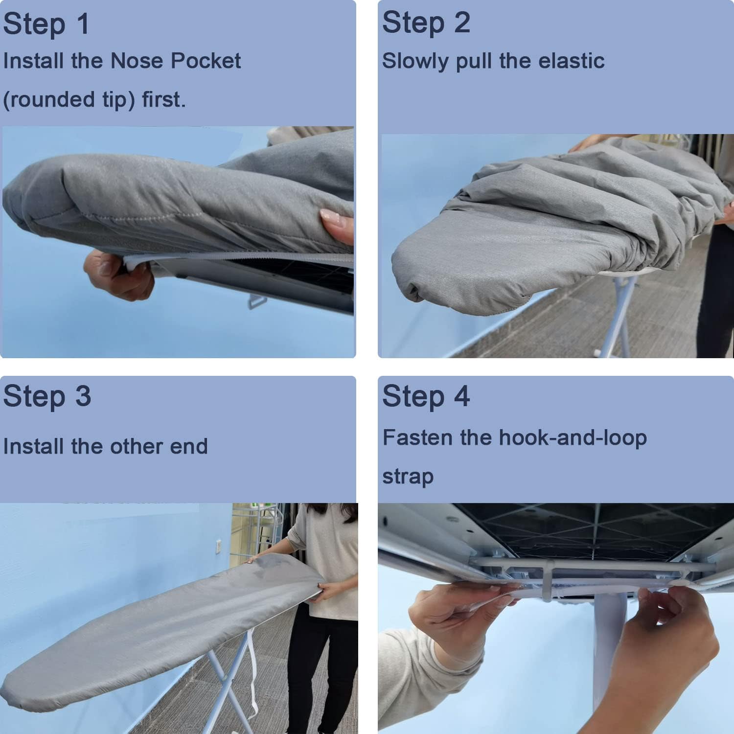 Step 1  
Install the Nose Pocket (rounded tip) first.

Step 2  
Slowly pull the elastic.

Step 3  
Install the other end.

Step 4  
Fasten the hook-and-loop strap.