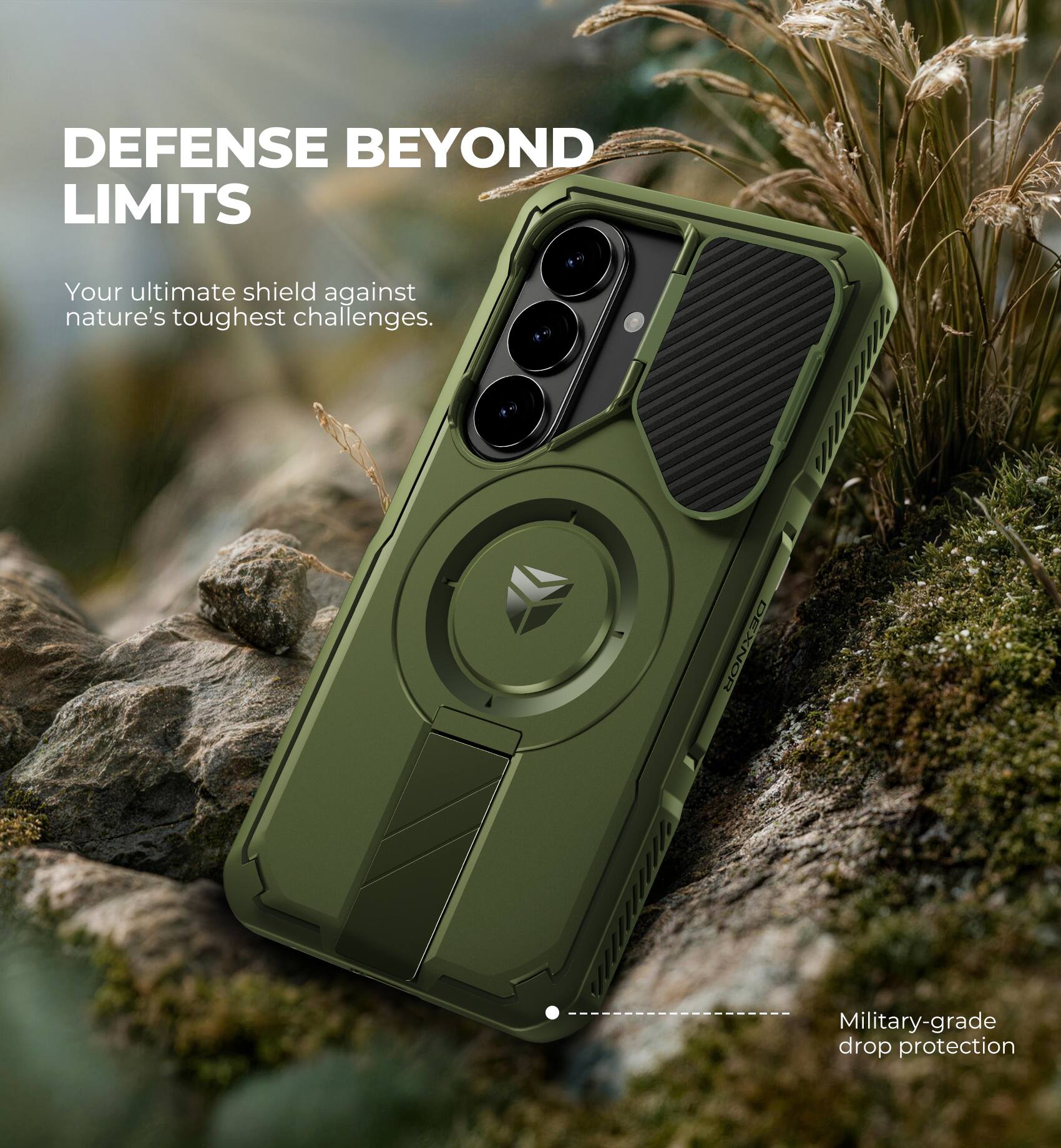 DEFENSE BEYOND LIMITS  
Your ultimate shield against nature's toughest challenges.  
Military-grade drop protection