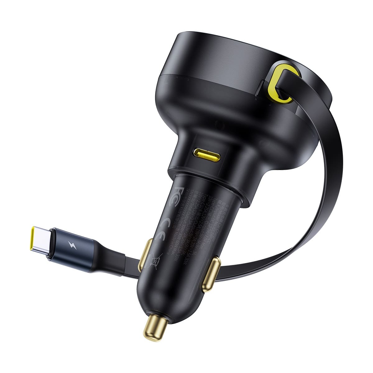 The image features a black and gold electronic device with a cord attached to it. The device appears to be a charger or a power supply, with a yellow plug on the end of the cord. The device has a black body and a yellow plug, making it stand out against the white background. The device is designed to provide power to electronic devices, such as smartphones or tablets, and is likely used for charging or powering these devices.