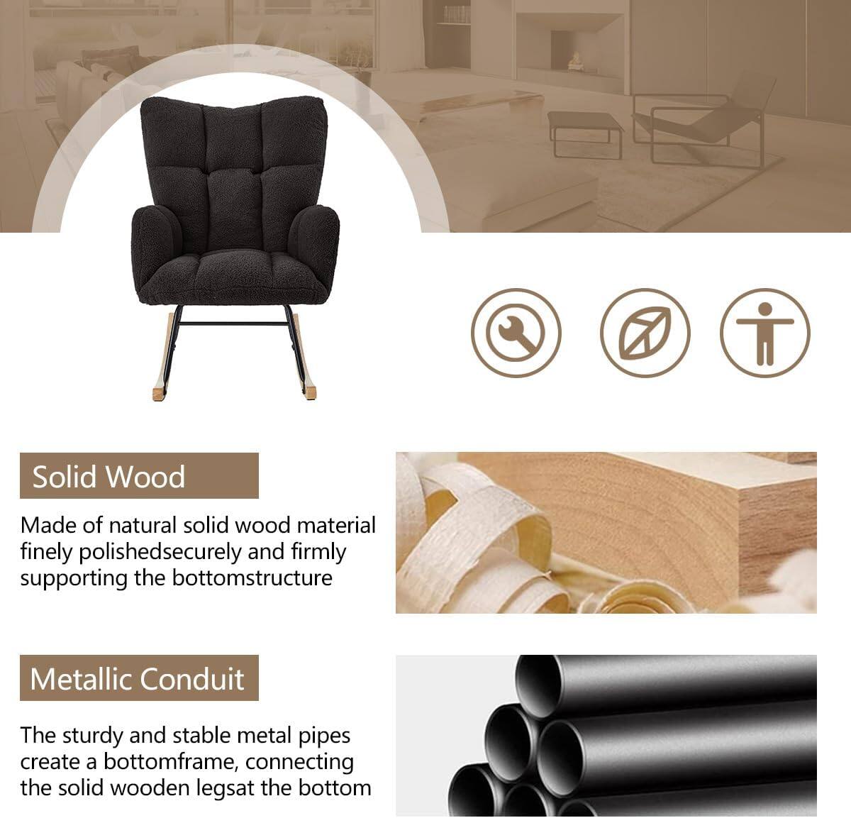 Solid Wood  
Made of natural solid wood material, finely polished, securely and firmly supporting the bottom structure.

Metallic Conduit  
The sturdy and stable metal pipes create a bottom frame, connecting the solid wooden legs at the bottom.