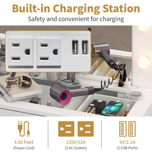 Built-in Charging Station  
Safety and convenient for charging  

**CAUTION: Risk of Electric Shock - Do Not Open**  

- 4.92 Foot (Power Cord)  
- 125V/12A (2 AC Outlets)  
- 5V/2.1A (2 USB Ports)