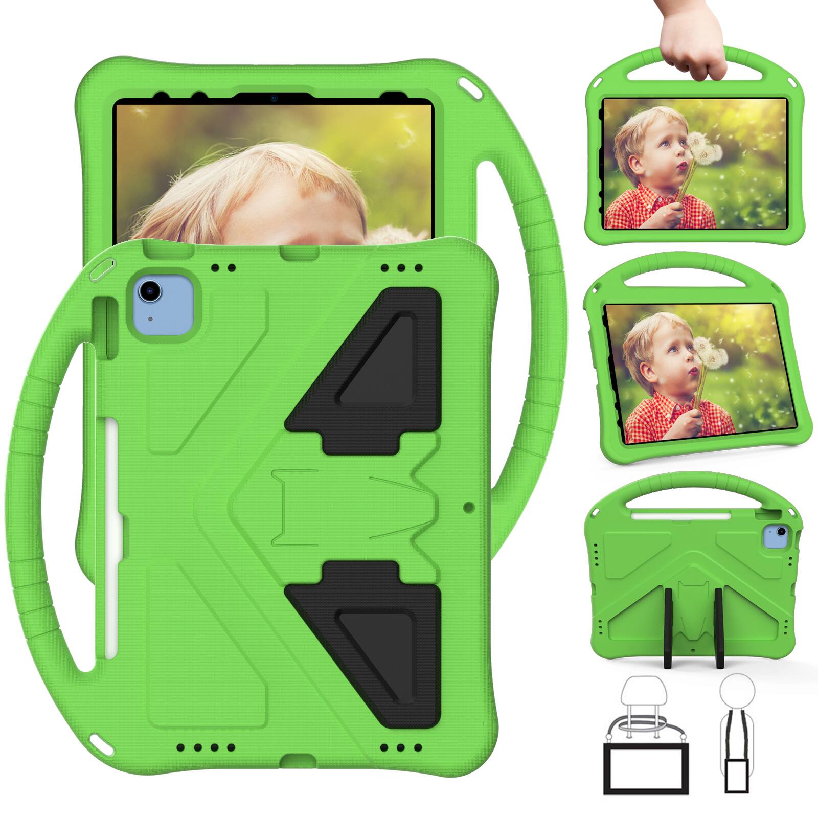 The image shows a green protective case for a tablet. The case has a handle and cutouts for the camera and buttons. There are images of a child holding a dandelion on the tablet screen.