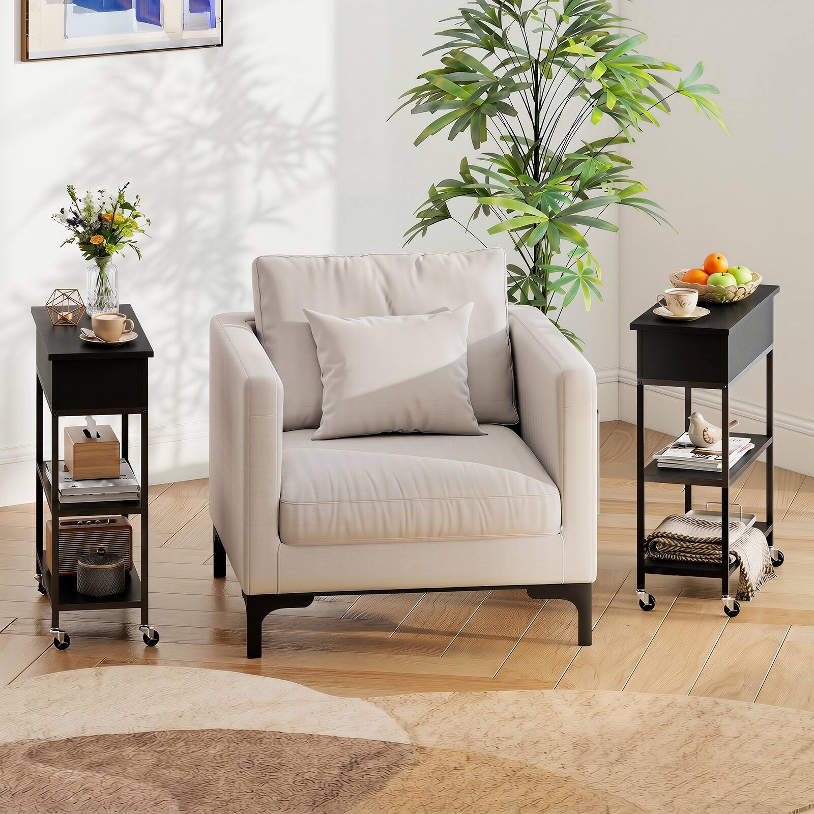 Alt View 1. Gymax - Gymax 2PCS Rolling Lift Top End Table w/ Charging Station Hidden Compartment - Black.