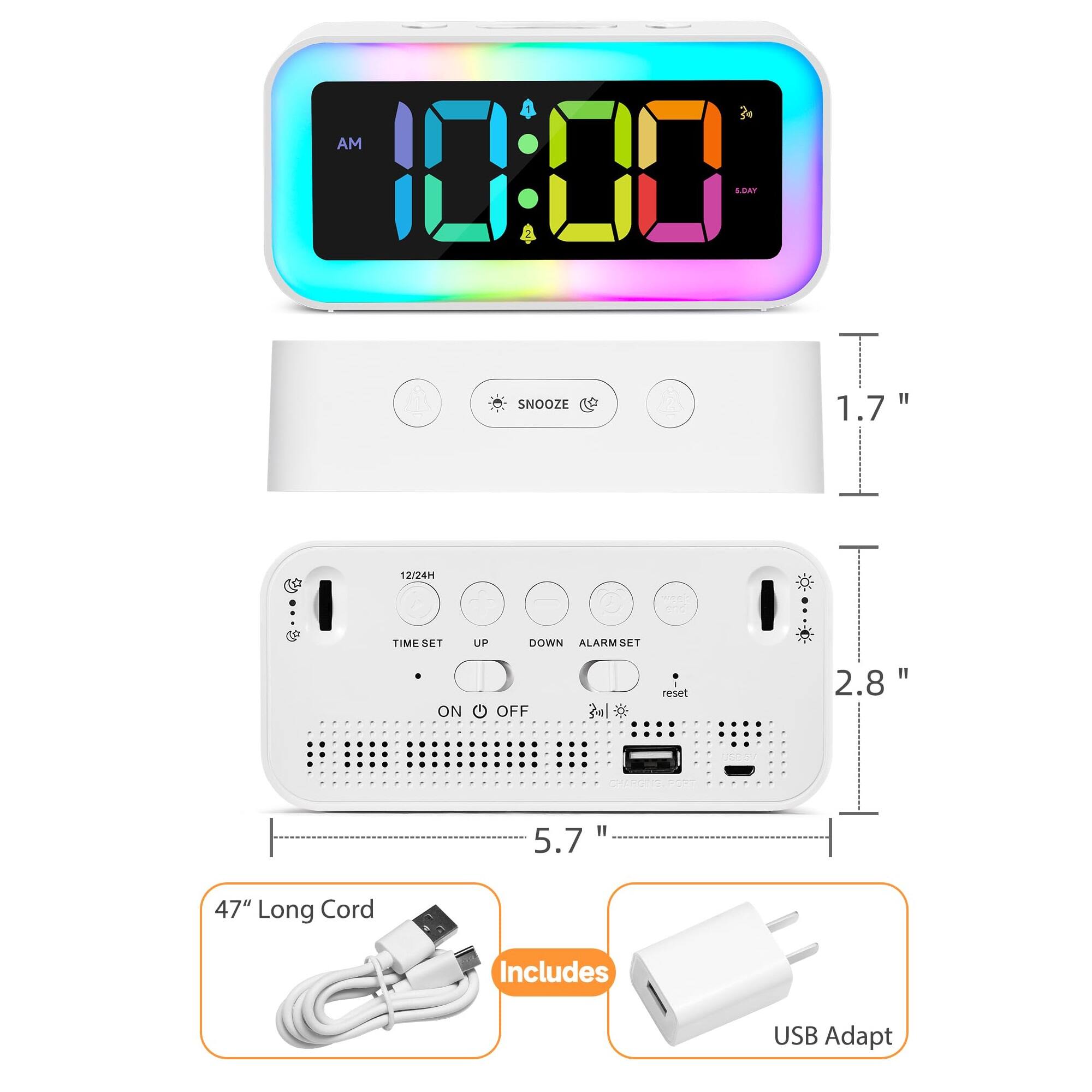 AM HT SOMT SNOOZE " 1.7" 12/24H - TIME SET UP DOWN ALARM TAR ON G OFF 2.8" 5.7" 47" Long Cord Includes USB Adapt