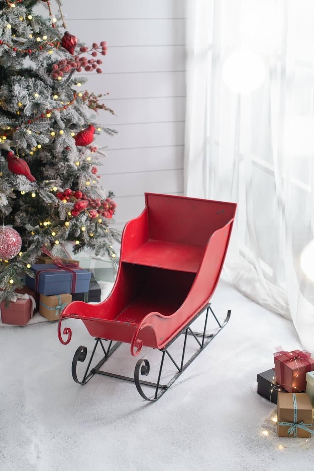 Left. Dexmalle - Dexmalle-Distressed Christmas Santa Sleigh Holiday Decoration-Iron Red/Black Sleigh Large - Black+Red.