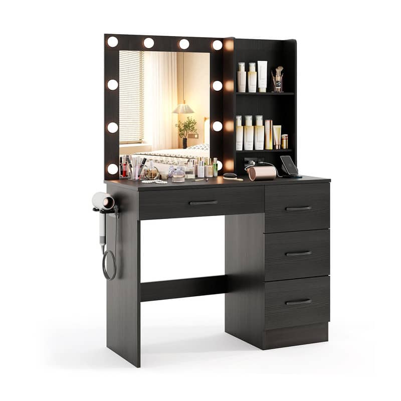 WELLFOR - Makeup Vanity with 3 Color Lighted Mirror & Charging Station, Modern Vanity Desk with 4 Large Drawers - Black