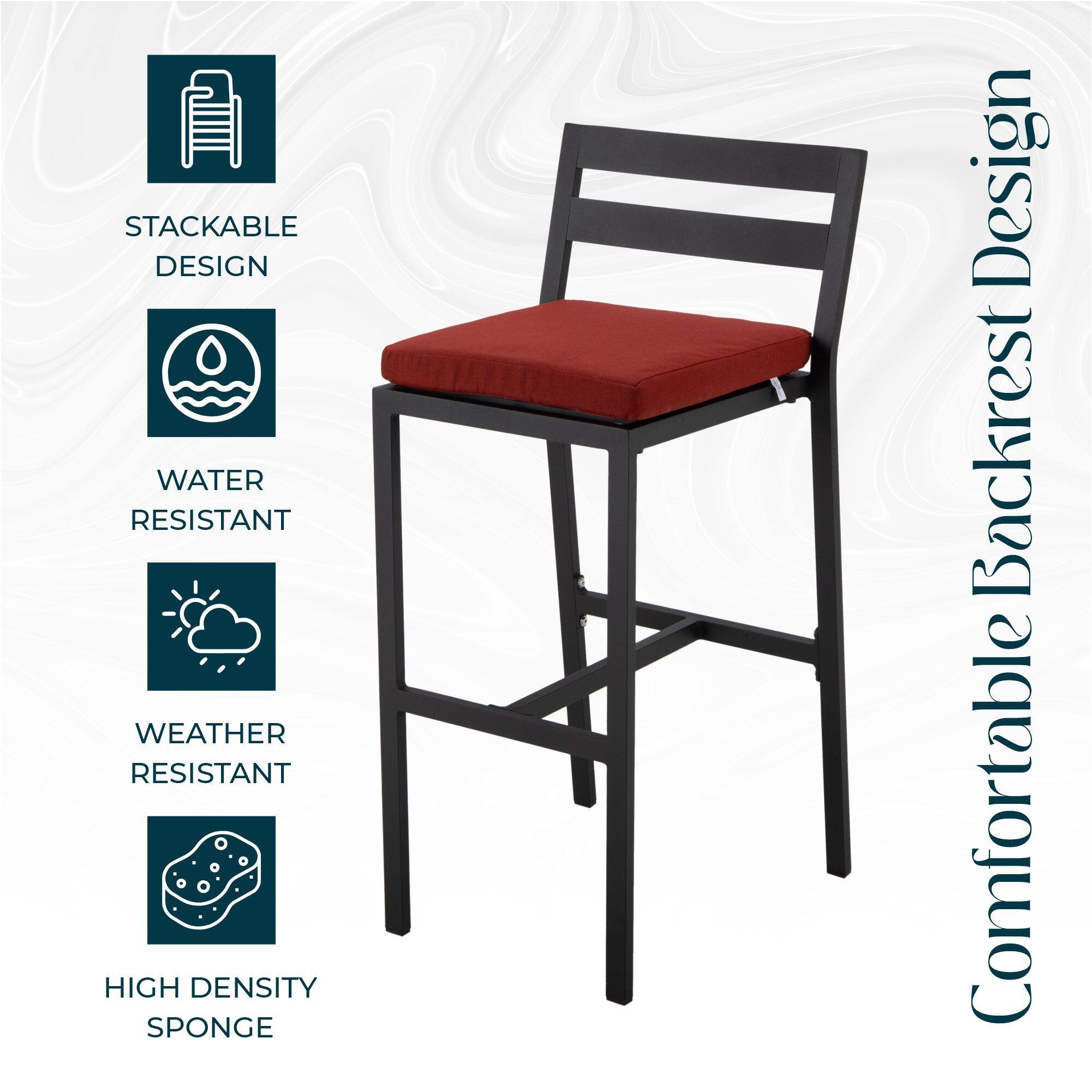STACKABLE DESIGN  
WATER RESISTANT  
WEATHER RESISTANT  
HIGH DENSITY SPONGE  
Comfortable Backrest Design