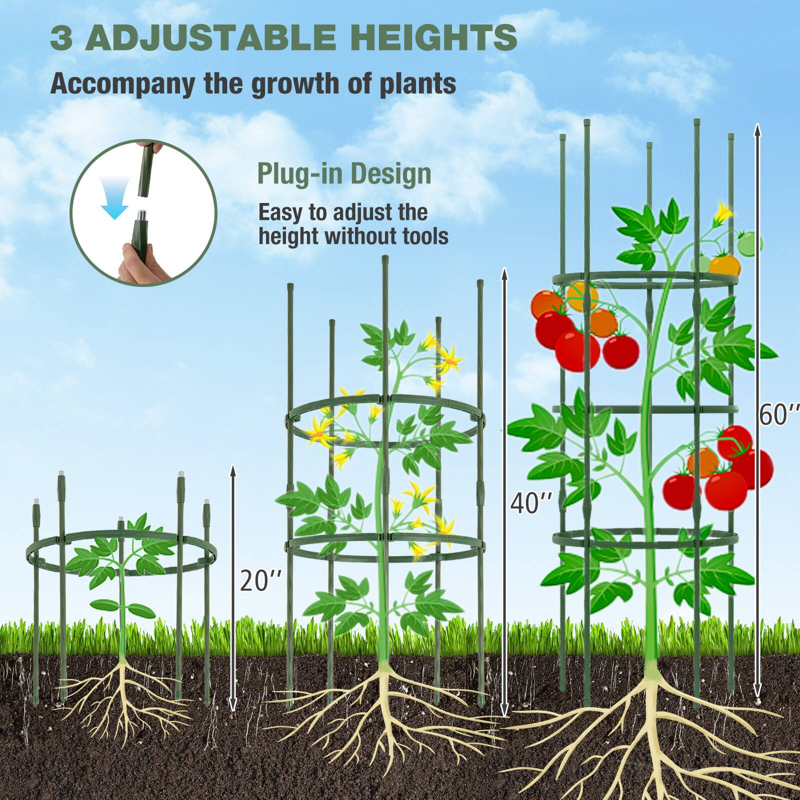 3 Adjustable Heights  
Accompany the growth of plants  

Plug-in Design  
Easy to adjust the height without tools  

60"  
40"  
20"