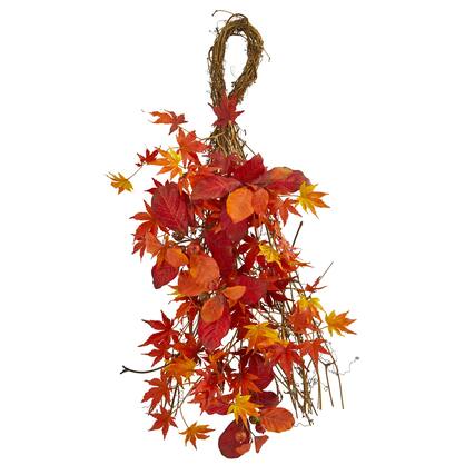 Front. BreeBe - 26" Japanese Maple Magnolia Leaf Berries Wreath - Multicolor.