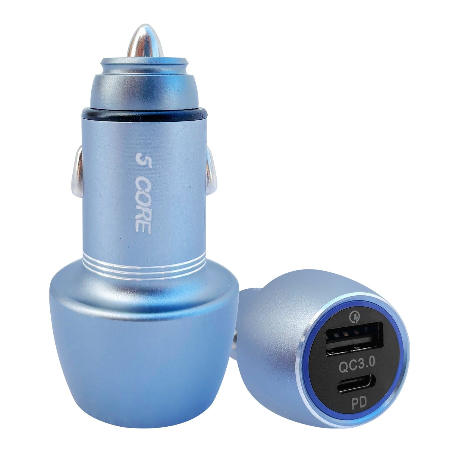 5 CORE - USB Car Charger Cigarette Lighter Adapter 1 USB 1 Type C Port QC 3.0 36W Fast Charging - Sky Blue