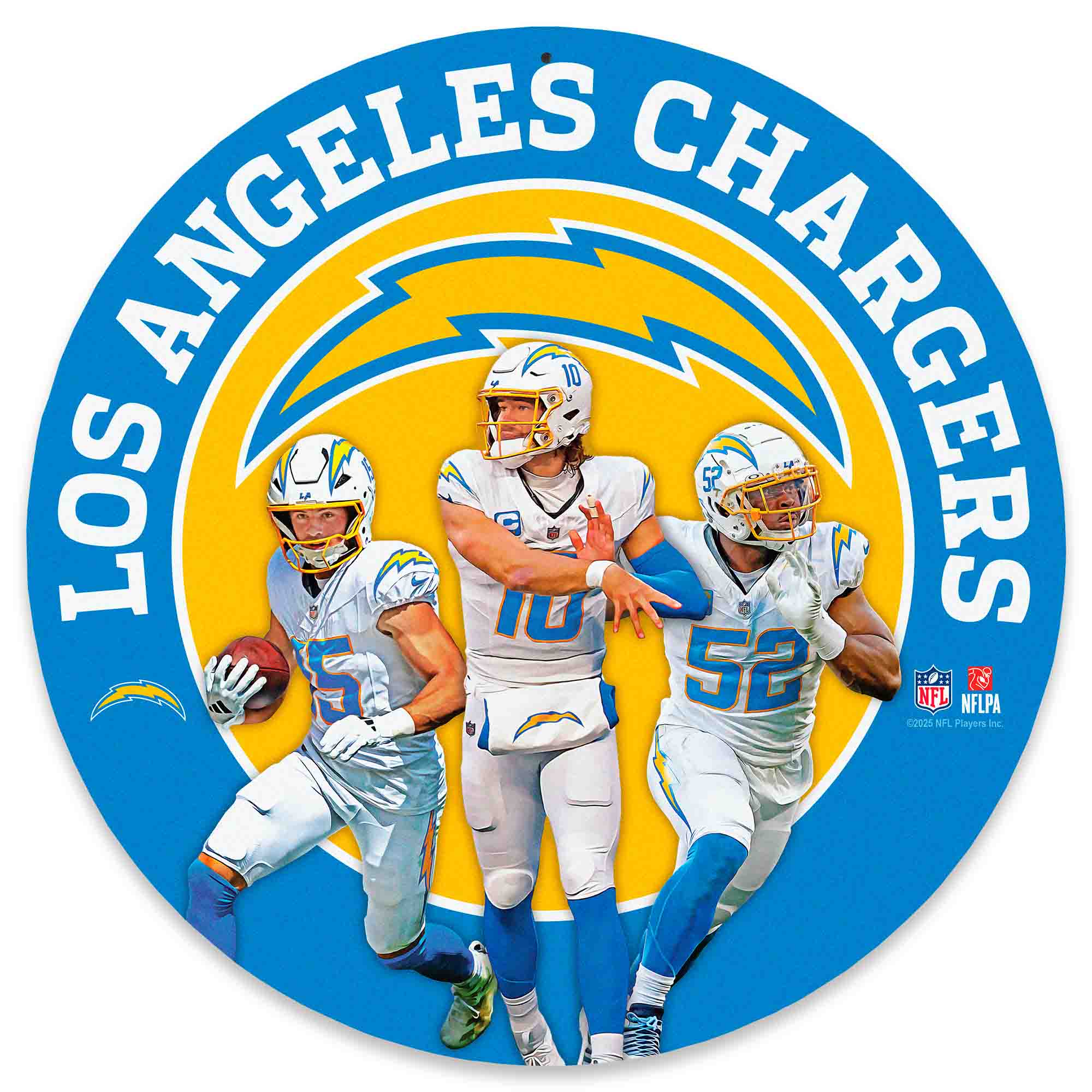 Los Angeles Chargers Ladd McConkey,-Justin Herbert &-Khalil Mack Team Stars 11" Round Metal Sign