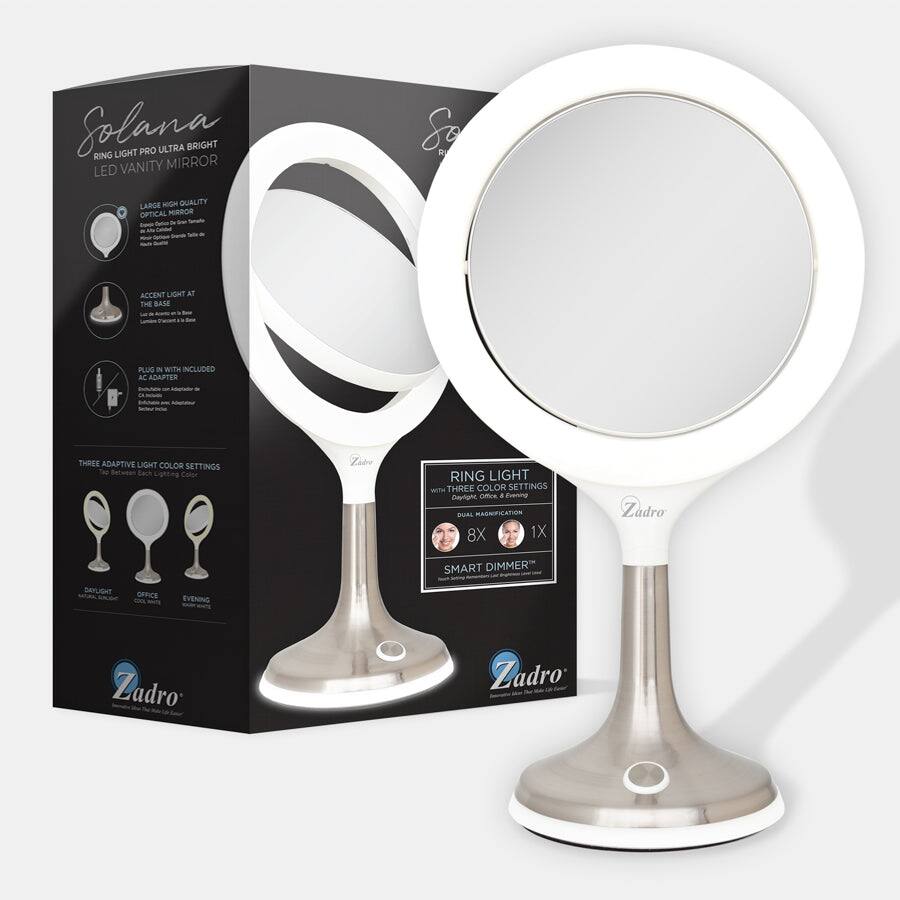 Solana RING LIGHT PRO ULTRA BRIGHT LED VANITY MIRROR

- LARGE HIGH QUALITY OPTICAL MIRROR
- ACCENT LIGHT AT THE BASE
- PLUG IN WITH INCLUDED AL ADAPTER
- THREE ADAPTIVE LIGHT COLOR SETTINGS
  - Daylight
  - Office
  - Evening
- DUAL MAGNIFICATION 8X 1X
- SMART DIMMER

Zadro