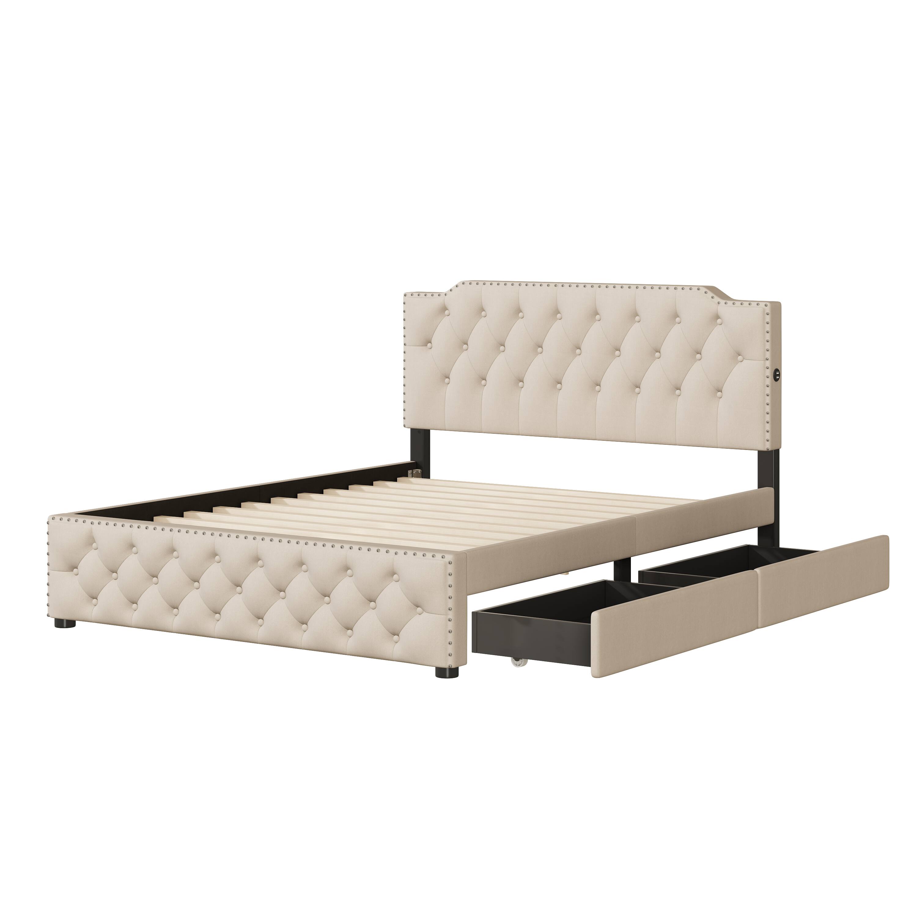 Back. Tiramisubest - Queen Size Upholstered Platform Bed with 2 Drawers and 2 sets of USB Ports on each side, Linen Fabric, Beige - Beige.