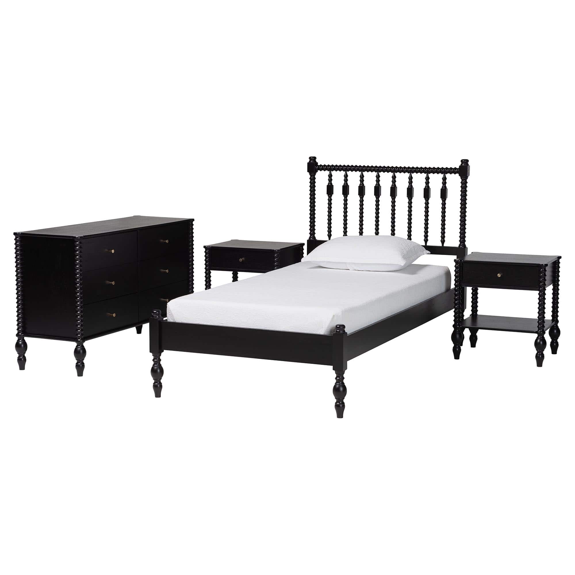 Baxton Studio - Denita Spindle 4-Piece Bedroom Set - Farmhouse Platform Bed with Matching Dresser and 1-Drawer Nightstands, Twin - Black
