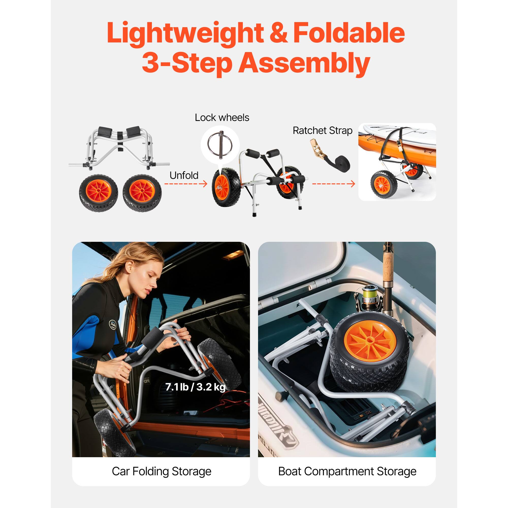 Lightweight & Foldable 3-Step Assembly  
Lock wheels  
Ratchet Strap  
Unfold  

7.1lb / 3.2 kg  

Car Folding Storage  
Boat Compartment Storage