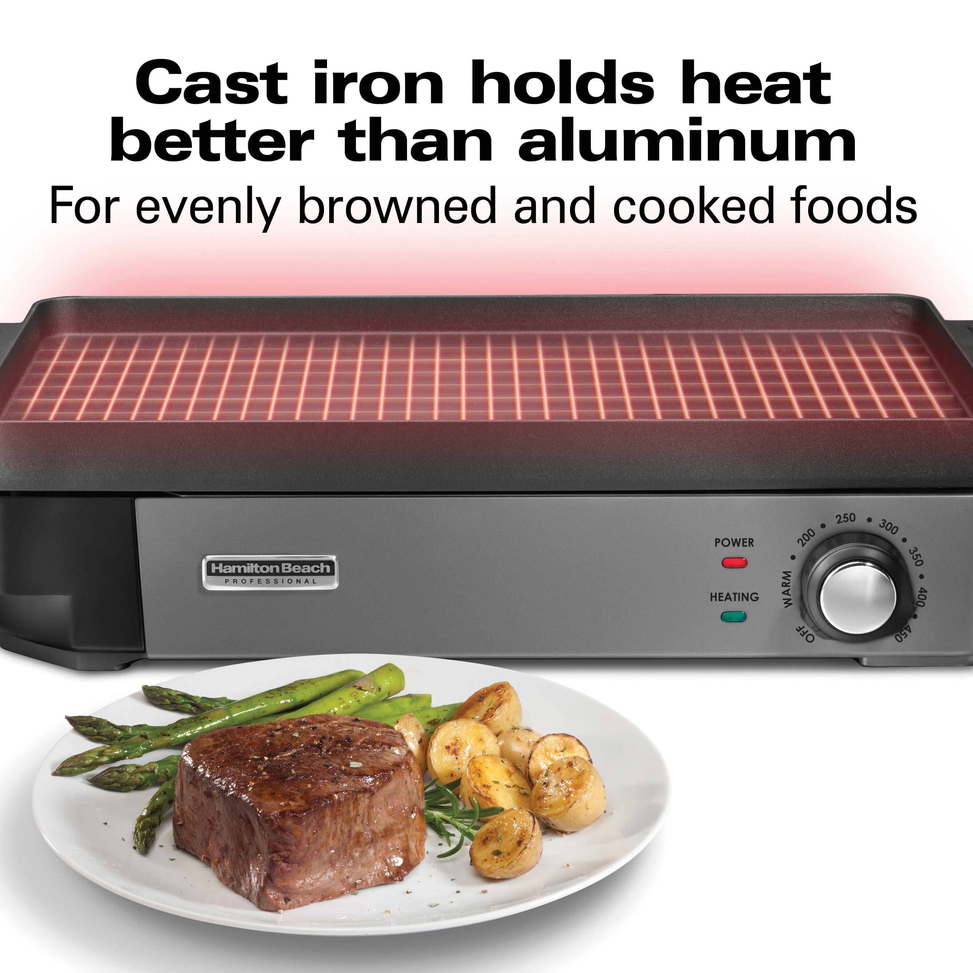 Cast iron holds heat better than aluminum  
For evenly browned and cooked foods  

Hamilton Beach PROFESSIONAL