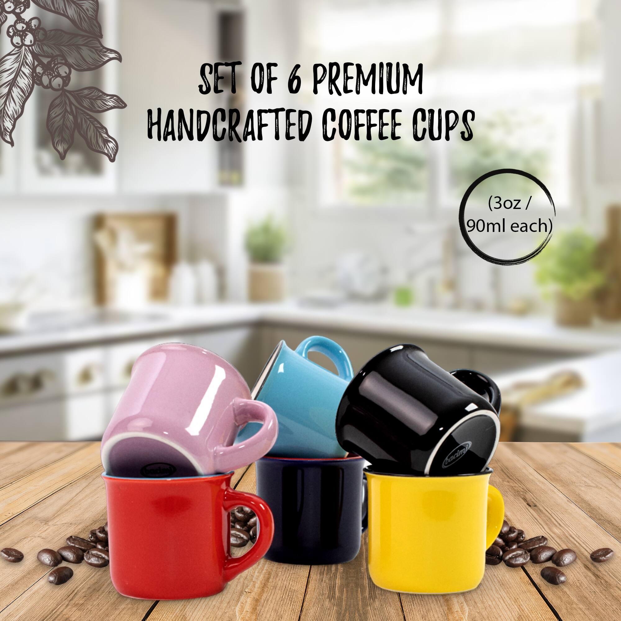 SET OF 6 PREMIUM HANDCRAFTED COFFEE CUPS (3oz / 90ml each)