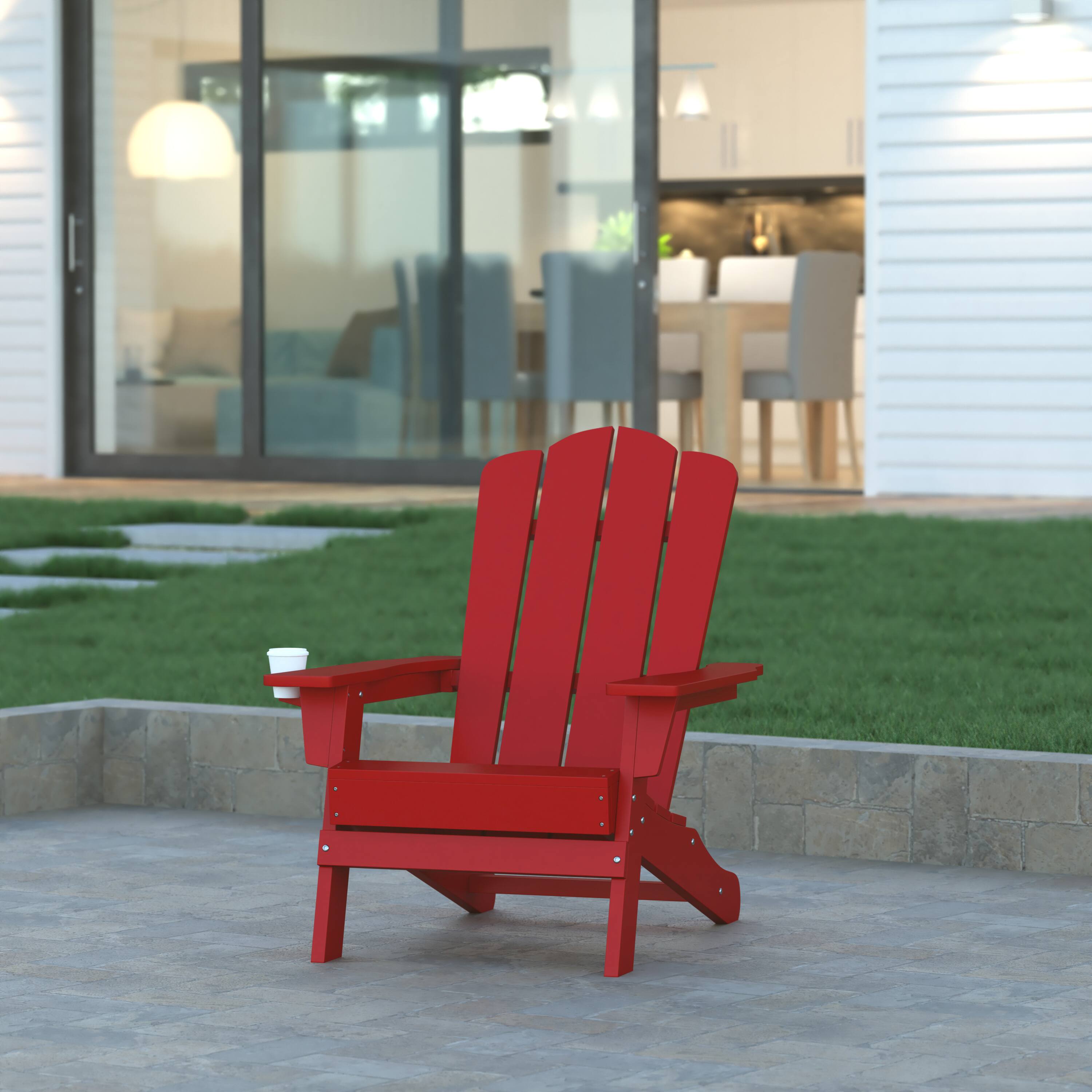 Alt View 1. Emma + Oliver - Tiverton Adirondack Chair with Cup Holder, Weather Resistant HDPE Adirondack Chair - Red.
