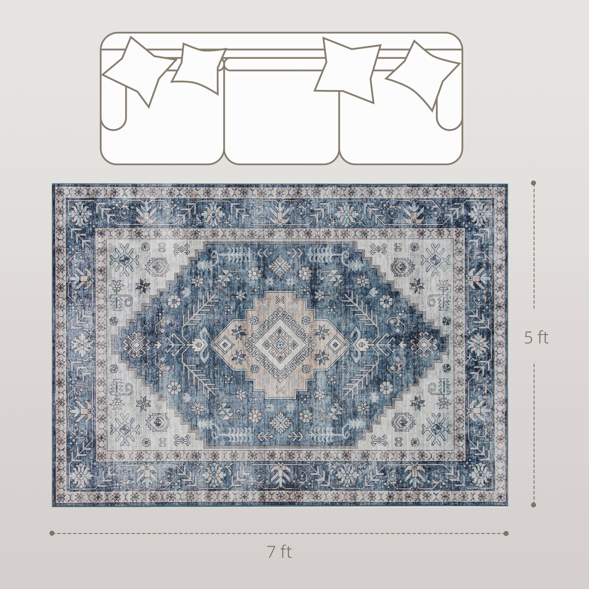 Alt View 3. Homcom - HOMCOM 5x7 Mach-Wash Rug: Vintage Non-Slip Blue Distress Carpet, Indoor Boho Area Living Room - Blue.