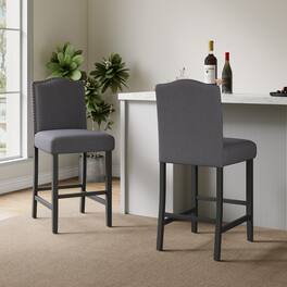 Lirago - 19 Inch Counter Height Barstools Set of 2 Upholstered Fabric Walnut Finish Nailhead Trim - Gray