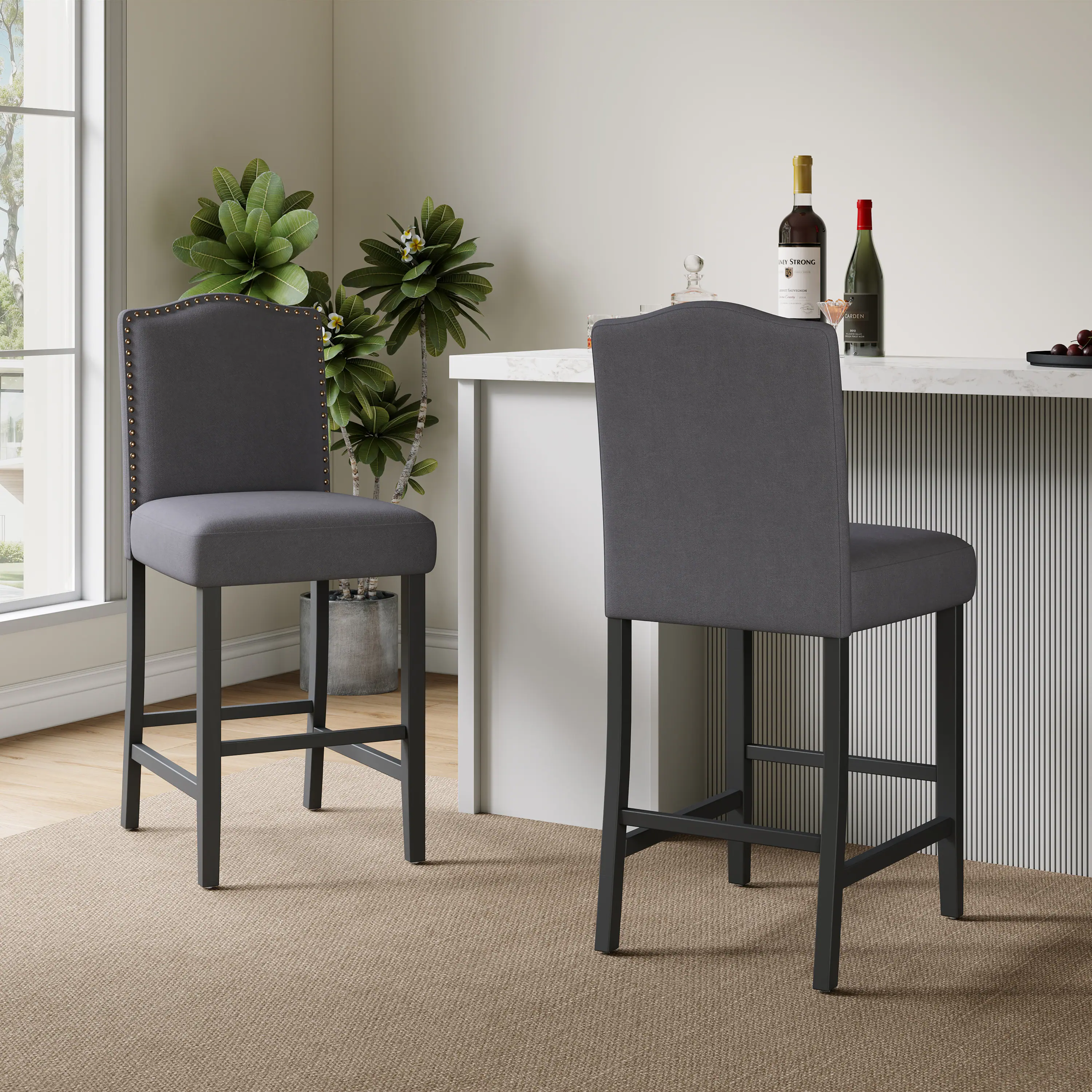 Front. Lirago - 19 Inch Counter Height Barstools Set of 2 Upholstered Fabric Walnut Finish Nailhead Trim - Grey.