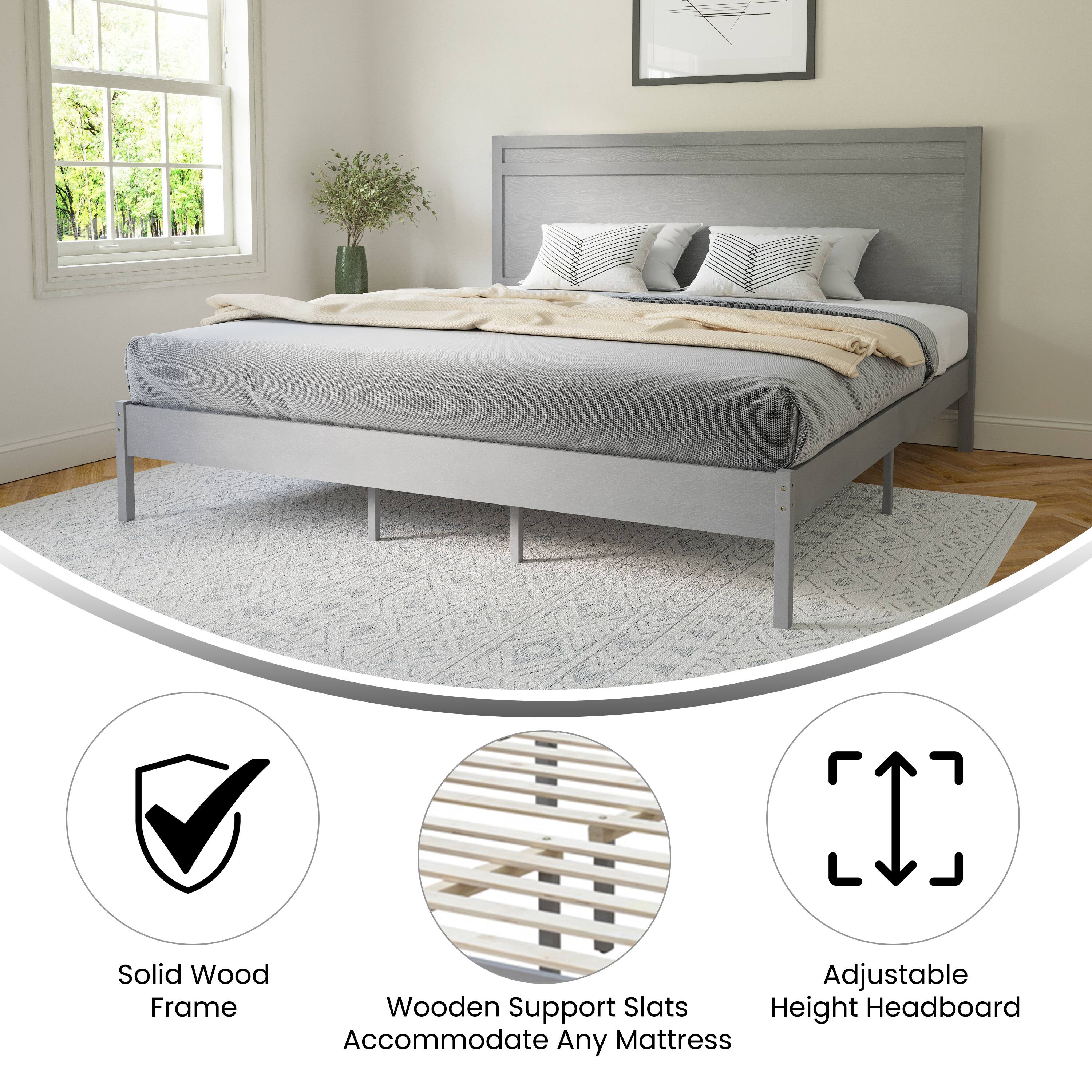 Solid Wood Adjustable Frame Wooden Support Slats Accommodate Any Mattress Height Headboard