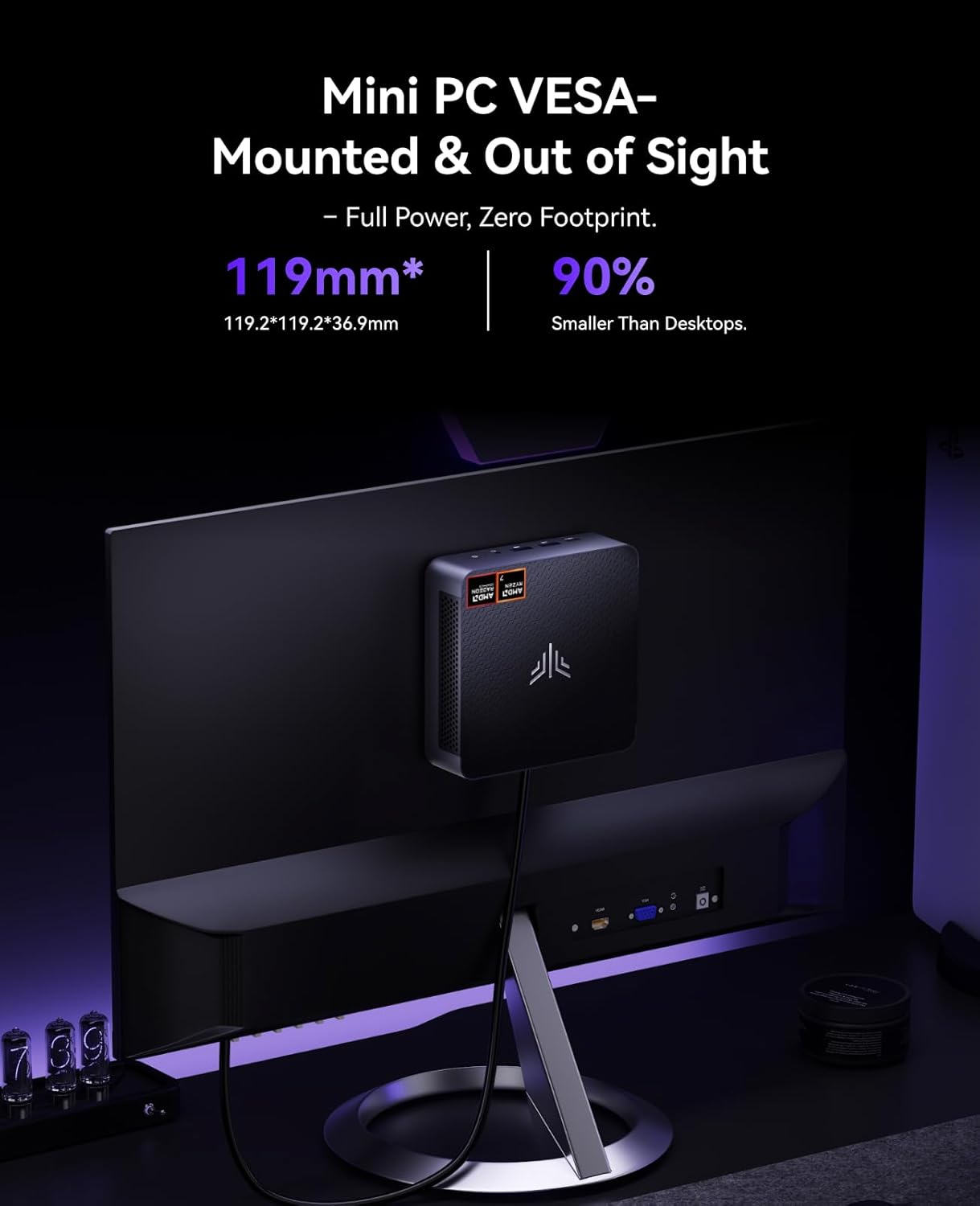 Mini PC VESA-Mounted & Out of Sight  
Full Power, Zero Footprint.  
119mm*  
119.2*119.2*36.9mm  
90%  
Smaller Than Desktops.