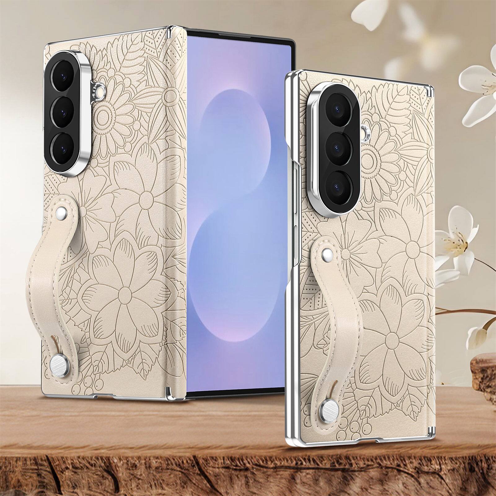 Alt View 2. Dteck - Shockproof Case for Samsung Galaxy Z Fold8 Ultra with Wristband, Floral Leather Texture Rigid Plastic Hinge Phone Cover - Apricot.