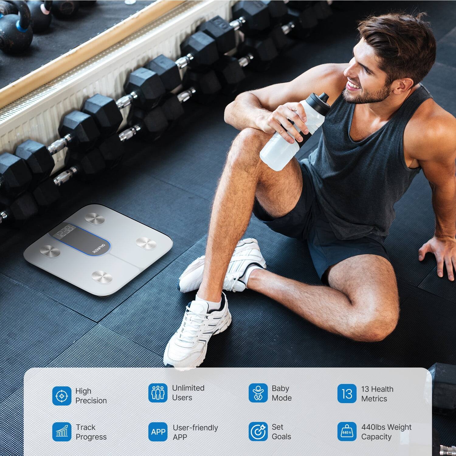 PER - RVO High Precision Unlimited Users Baby Mode 13 Health 13 Metrics Track Progress APP User-friendly APP Set Goals 440lbs Weight 440 Capacity