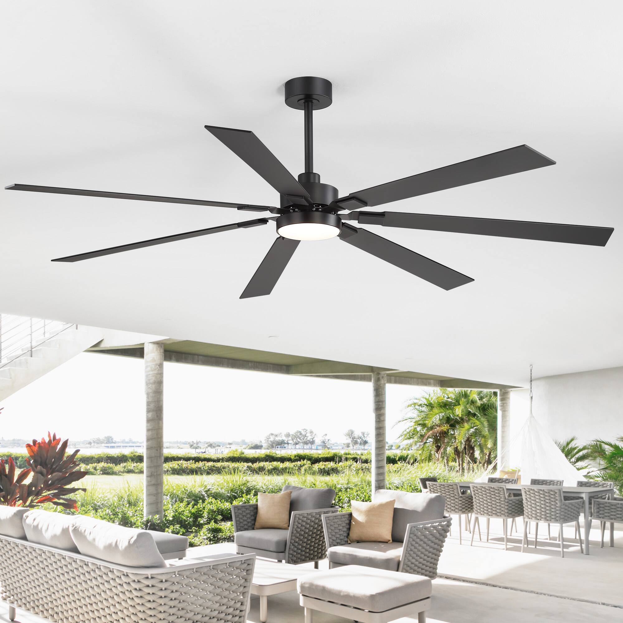 Back. Breezary - 72-Inch Modern Large Ceiling Fan with LED Light and Remote, 3 Downrods, 7 Reversible Blades, Timer, DC Motor 6 Speeds - black.
