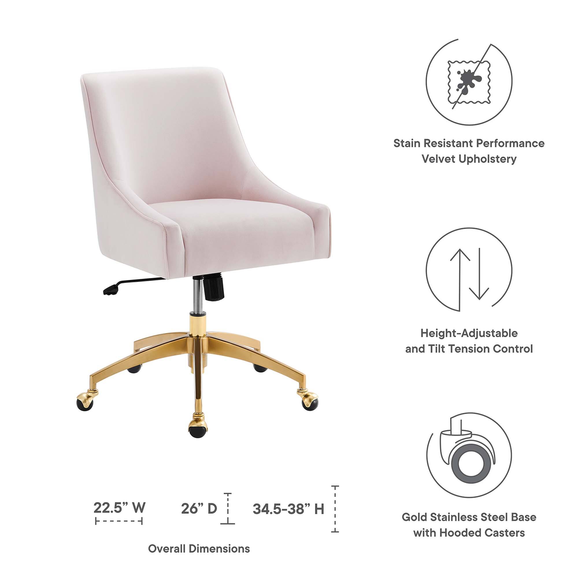 - Stain Resistant Performance Velvet Upholstery
- Height-Adjustable and Tilt Tension Control
- Overall Dimensions: 22.5" W x 26" D x 34.5-38" H
- Gold Stainless Steel Base with Hooded Casters