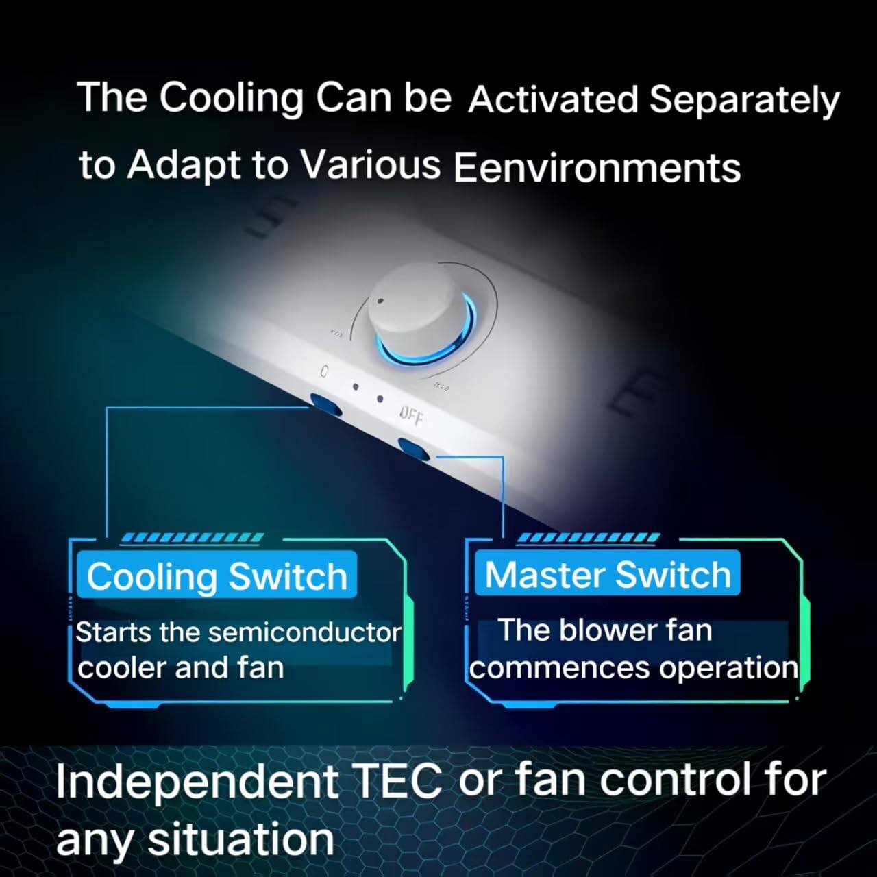 The Cooling Can be Activated Separately to Adapt to Various Environments

Cooling Switch
- Starts the semiconductor cooler and fan

Master Switch
- The blower fan commences operation

Independent TEC or fan control for any situation
