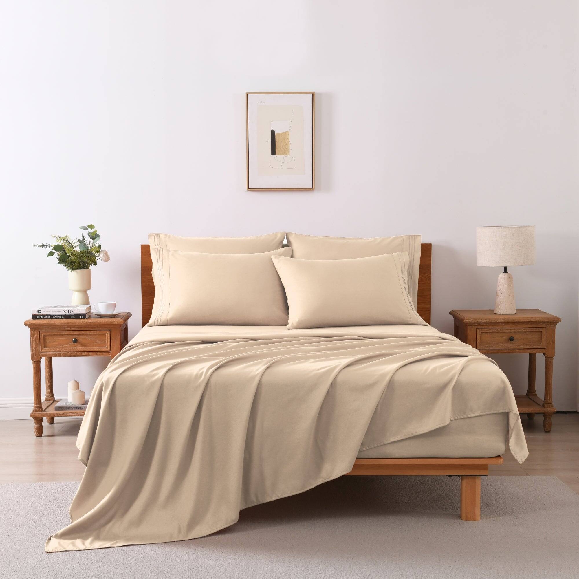Angle. MarCielo - Marcielo 4/6 Pcs Soft Solid & Embroidery Bed Sheets Set - Beige.