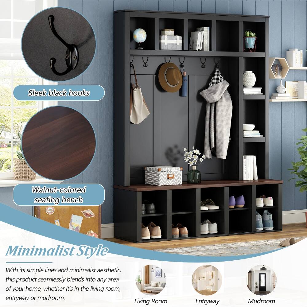 Sleek black hooks  
Walnut-colored seating bench  

Minimalist Style  
With its simple lines and minimalist aesthetic, this product seamlessly blends into any area of your home, whether it's in the living room, entryway or mudroom.  

Living Room  
Entryway  
Mudroom