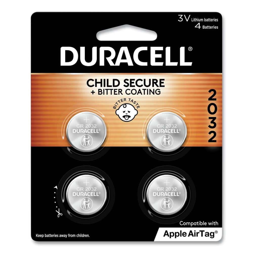3V Lithium batteries  
4 Batteries  

DURACELL  
CHILD SECURE + BITTER COATING BITTER TASTE  

CR 2032  
CR 2032  
CR 2032  
CR 2032  

Keep batteries away from children.  

Compatible with Apple AirTag