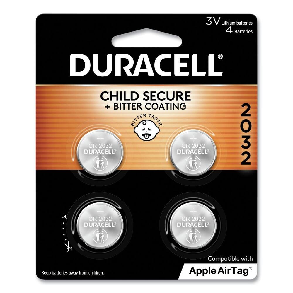 3V Lithium batteries  
4 Batteries  

DURACELL  
CHILD SECURE + BITTER COATING BITTER TASTE  

CR 2032  
CR 2032  
CR 2032  
CR 2032  

Keep batteries away from children.  

Compatible with Apple AirTag