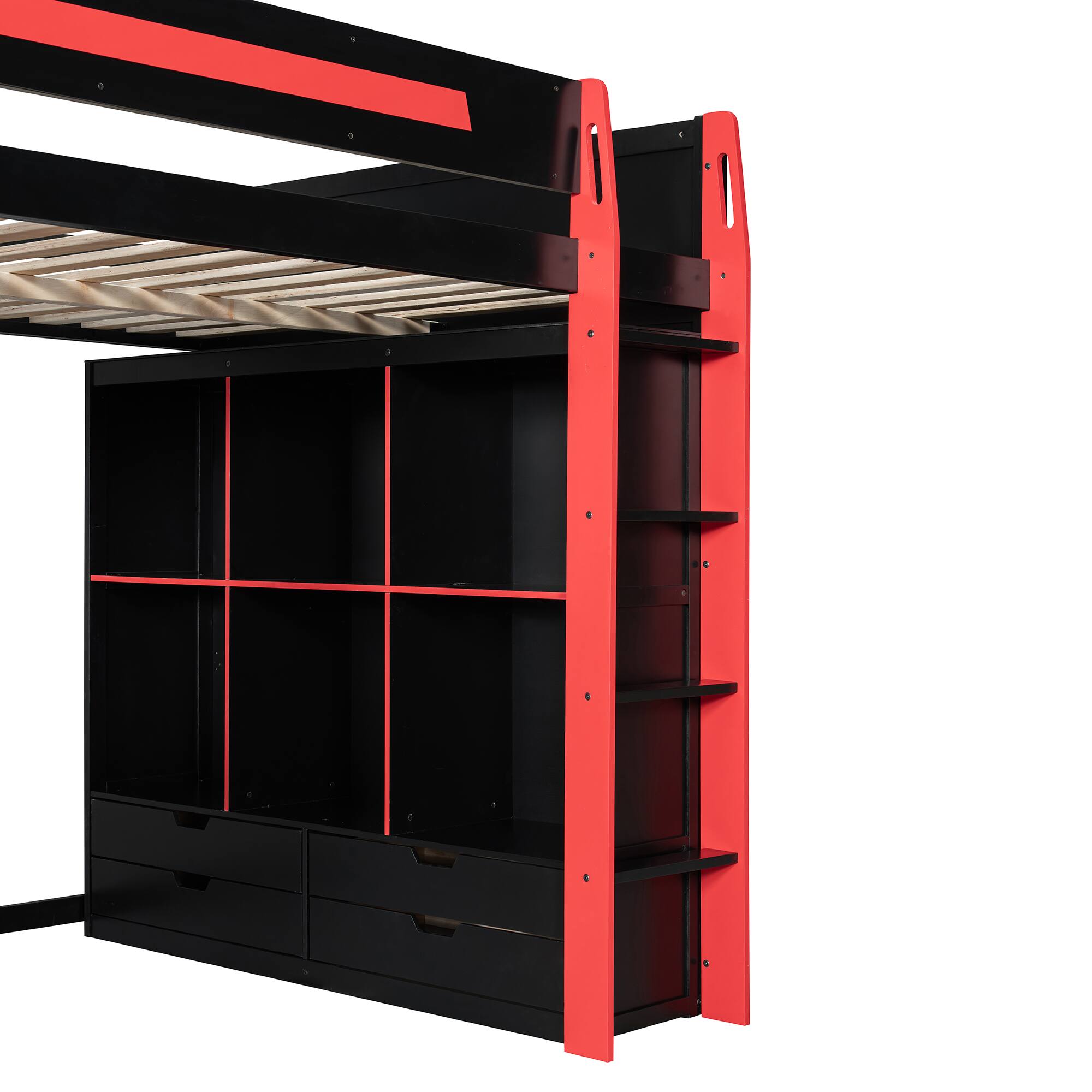 Alt View 4. Anysun - Full Gaming Loft Bed with Desk & RGB Lights - Wooden High Bed, 6 Storage Cubbies, 6 Drawers & Safety Staircase - Red.