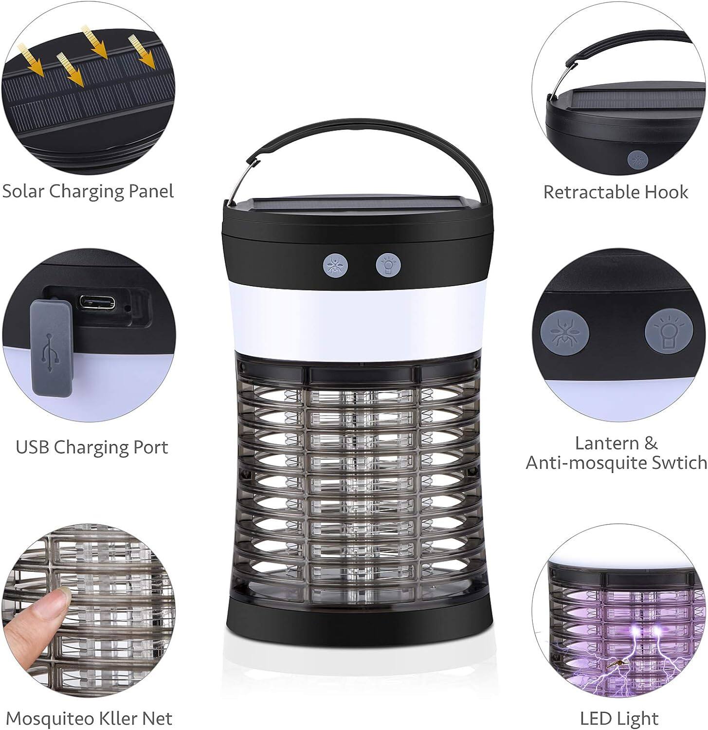 Solar Charging Panel  
Retractable Hook  
USB Charging Port  
Lantern & Anti-mosquito Switch  
Mosquito Killer Net  
LED Light