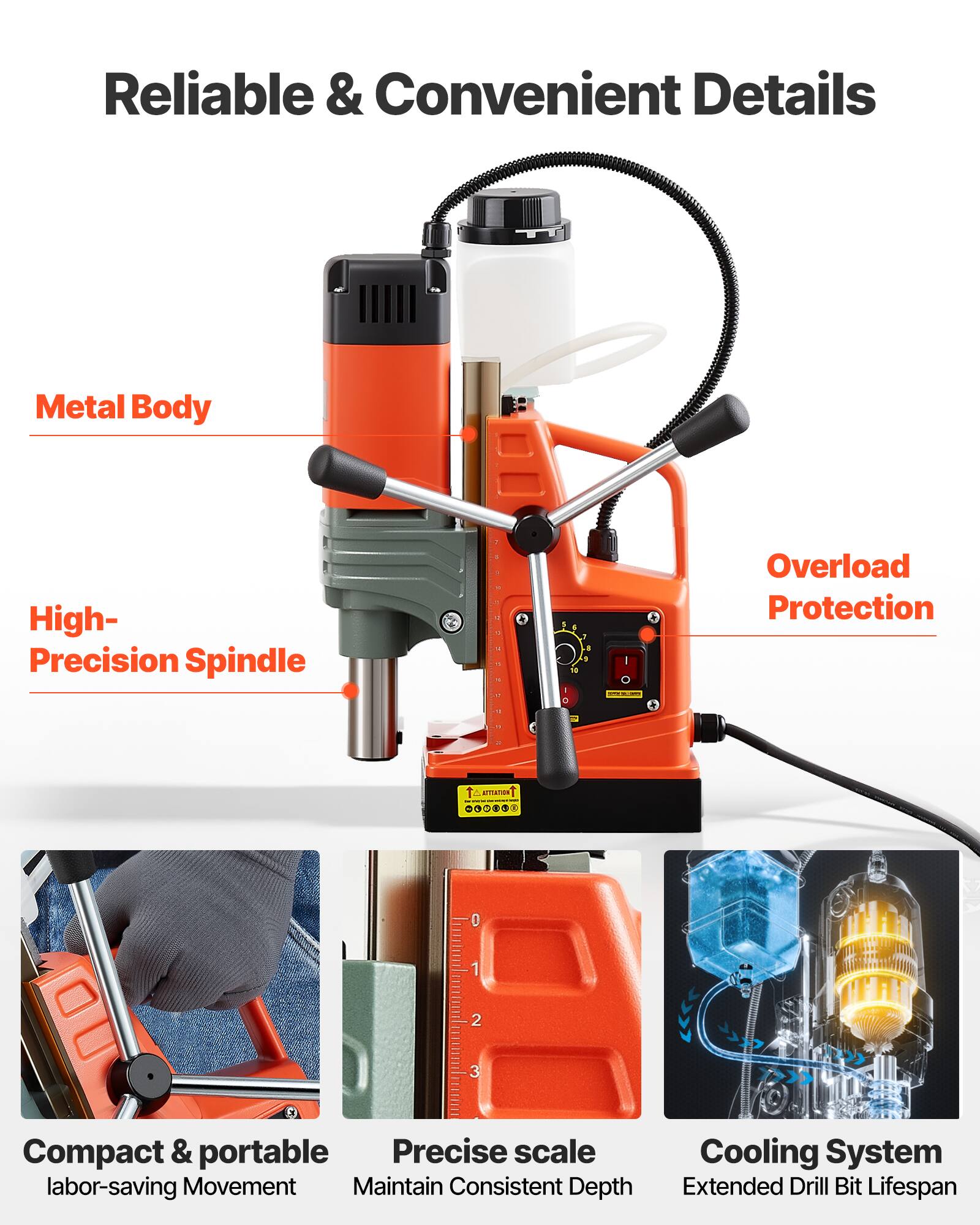 Reliable & Convenient Details

Metal Body

High-Precision Spindle

Overload Protection

Compact & portable
labor-saving Movement

Precise scale
Maintain Consistent Depth

Cooling System
Extended Drill Bit Lifespan