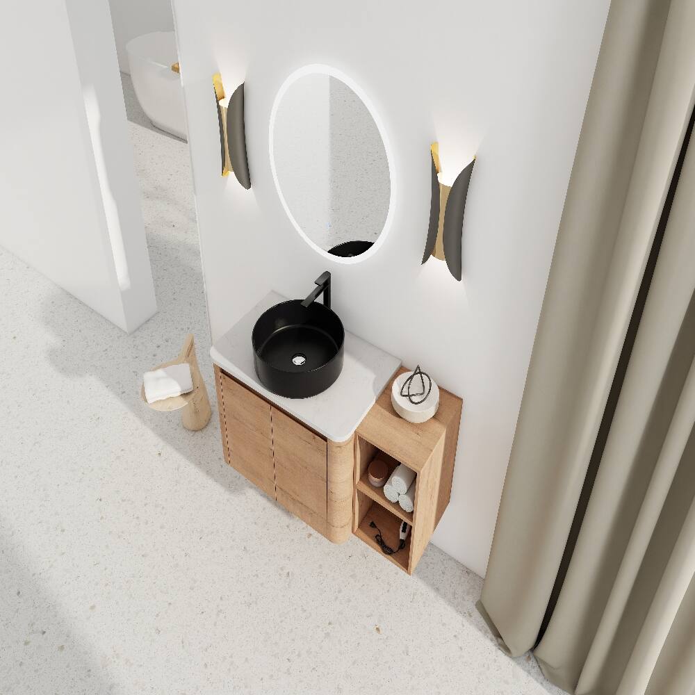 Alt View 3. Loheer - Loheer 42 inch wall mounted bathroom vanity with ceramic art vessel sink, imitative oak floating vanity - Imitative Oak.