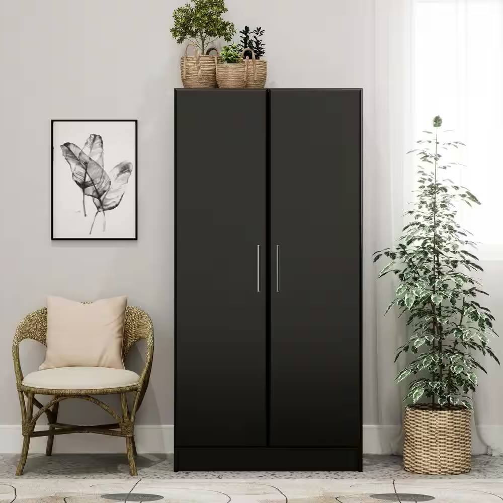 Back. Hivvago - Black Freestanding Bedroom Cabinet Armoire Wardrobe Closet with Hanging Rail - Black.