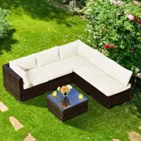 Costway 6PCS Patio Rattan Furniture Set Cushioned Sofa Coffee Table Garden - White - Front_Zoom
