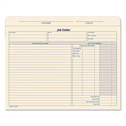 JOB NAME
JOB NO.
Job Folder
Job Location
Bill To
DESCRIPTION OF WORK
TOTAL SELLING PRICE
Total Material
Total Labor
Sales Tax
Misc. Costs
JOB COST SUMMARY
Total Job Cost
Gross Profit
Less Overhead Costs
Net Profit
Date Started
Date Completed
Date Billed
A-9294 / T-3440