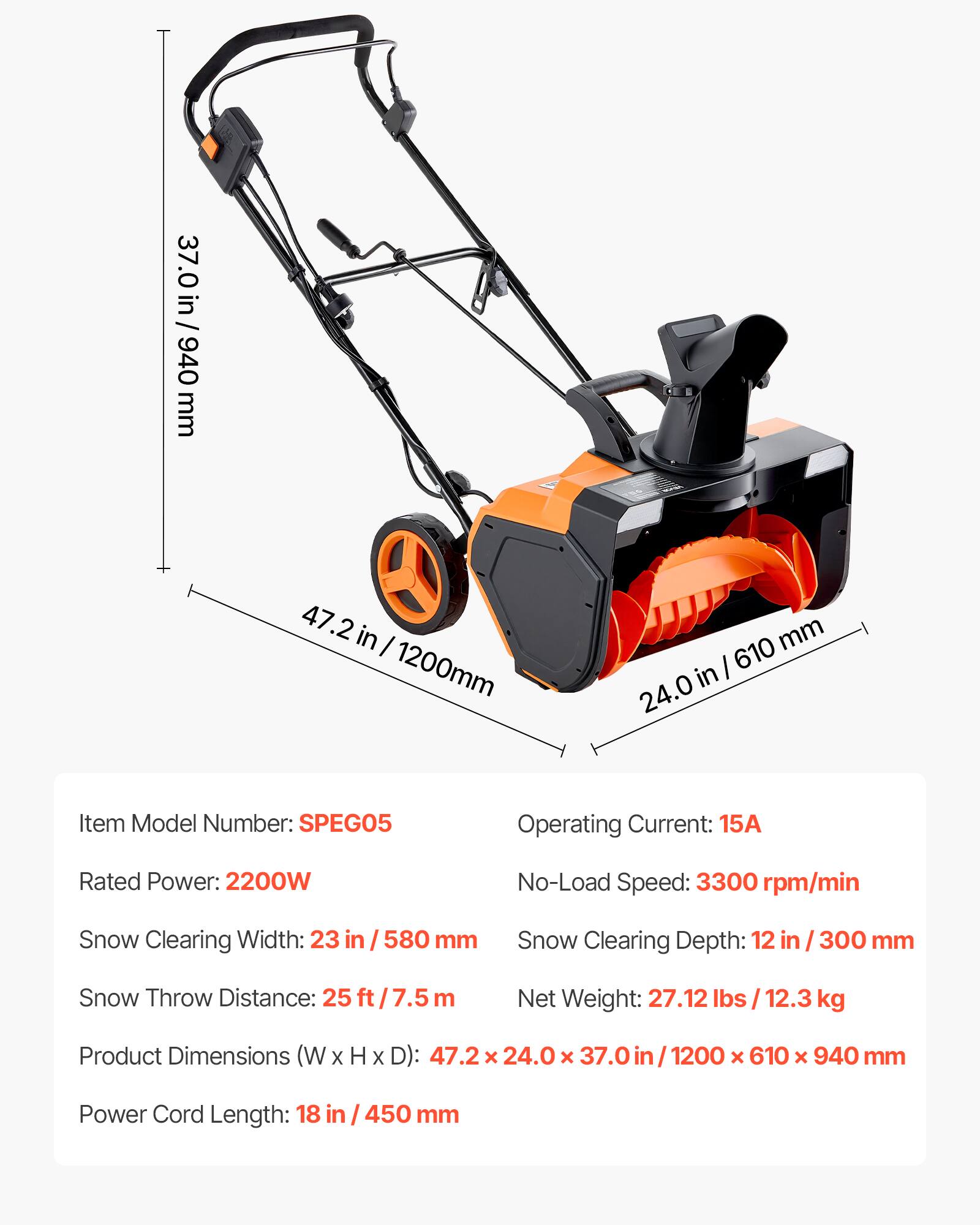 37.0 in / 940 mm  
47.2 in / 1200 mm  
24.0 in / 610 mm  

Item Model Number: SPEG05  
Operating Current: 15A  
Rated Power: 2200W  
No-Load Speed: 3300 rpm/min  
Snow Clearing Width: 23 in / 580 mm  
Snow Clearing Depth: 12 in / 300 mm  
Snow Throw Distance: 25 ft / 7.5 m  
Net Weight: 27.12 lbs / 12.3 kg  
Product Dimensions (W x H x D): 47.2 x 24.0 x 37.0 in / 1200 x 610 x 940 mm  
Power Cord Length: 18 in / 450 mm