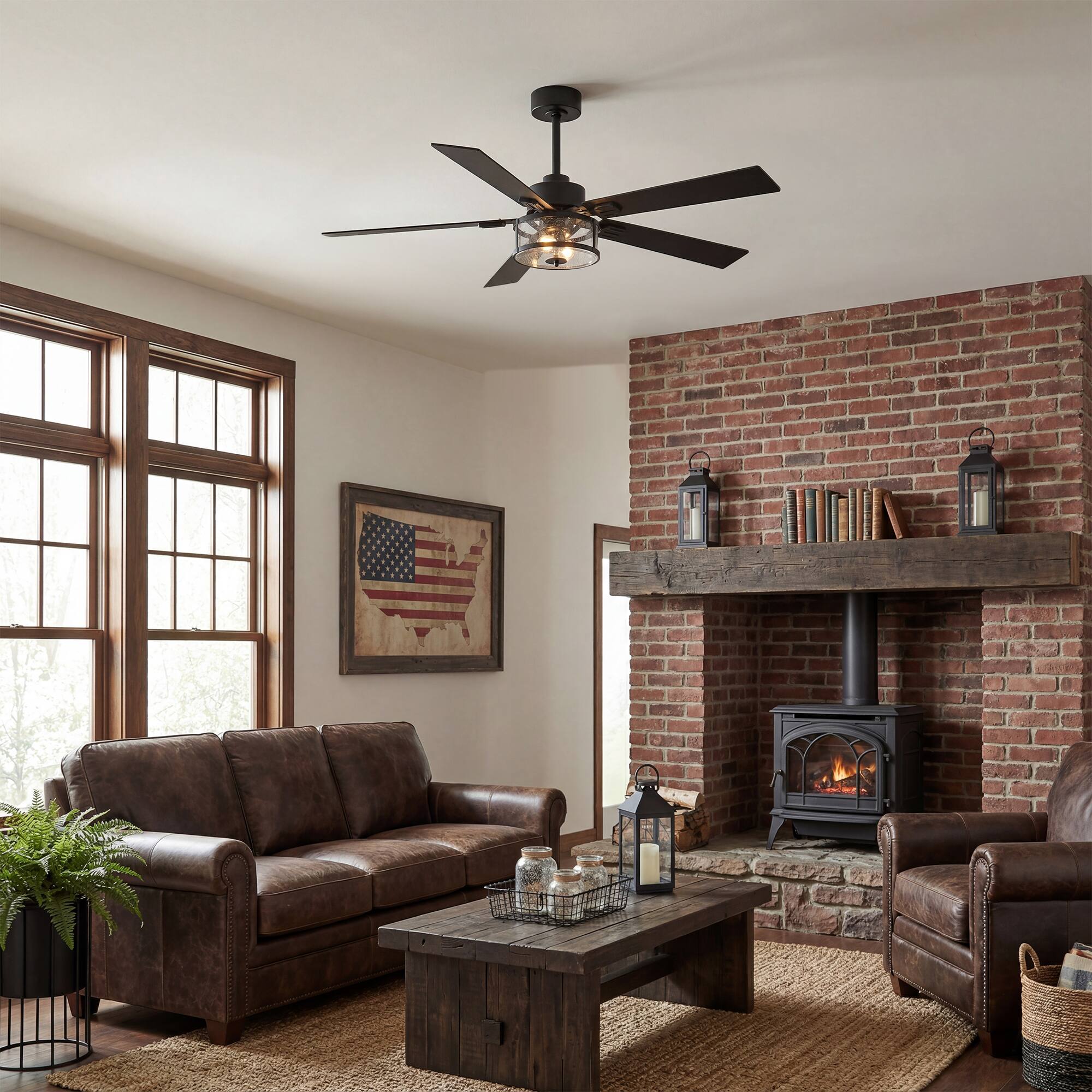 Back. Breezary - 56-Inch Ceiling Fan with Dual E12 Sockets, 5 Plywood Blades, DC Motor, 6-Speed Remote, 1/2/4h Timer, Glass Shade - 56-inch Matte Black.